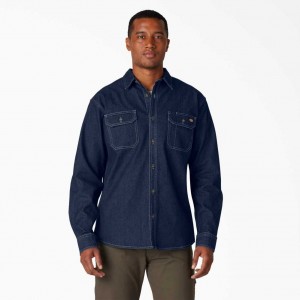 Dickies FLEX Denim Long Sleeve Shirt Tmavě Blankyt Světle Modré | CZ0000184