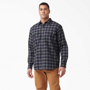 Dickies FLEX Long Sleeve Flannel Shirt Tmavě Blankyt Čokolády Hnědé | CZ0001245