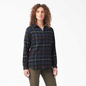 Dickies Plaid Flannel Long Sleeve Shirt Tmavě Blankyt | CZ0001249