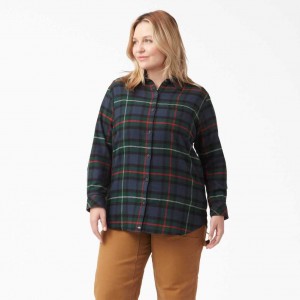 Dickies Plus Size Long Sleeve Plaid Flannel Shirt Tmavě Blankyt | CZ0001248