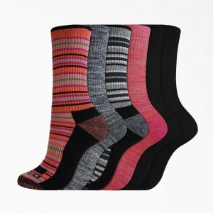 Dickies Women's Moisture Control Pruhovaný Crew Socks, Size 6-9, 6-Pack Černé | CZ0001090