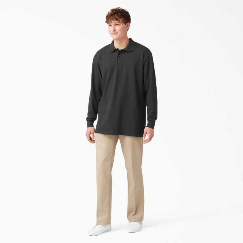 Dickies Adult Size Piqué Long Sleeve Polo Černé | CZ0001441