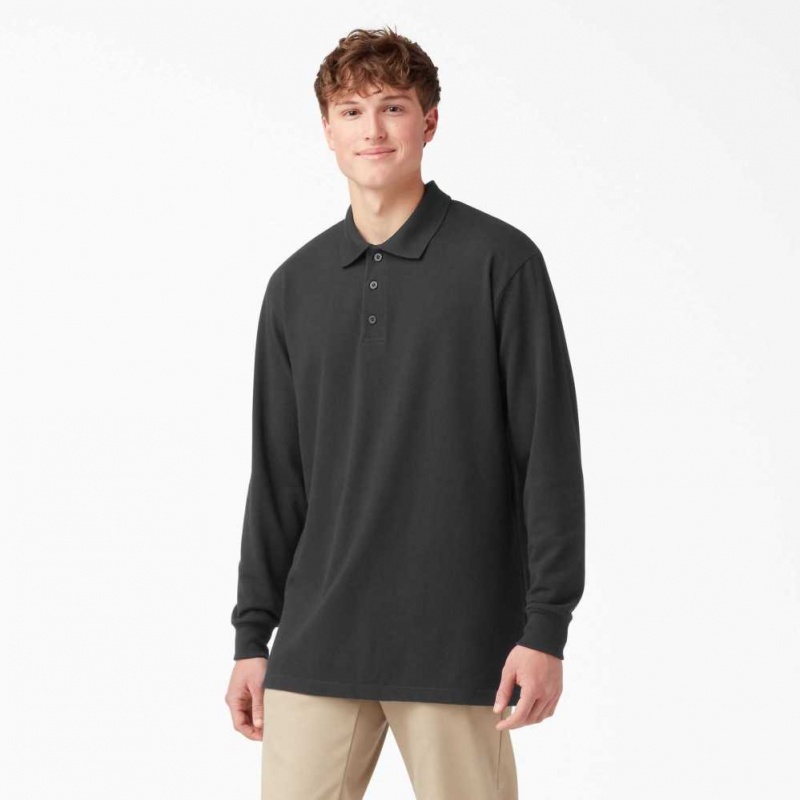 Dickies Adult Size Piqué Long Sleeve Polo Černé | CZ0001441