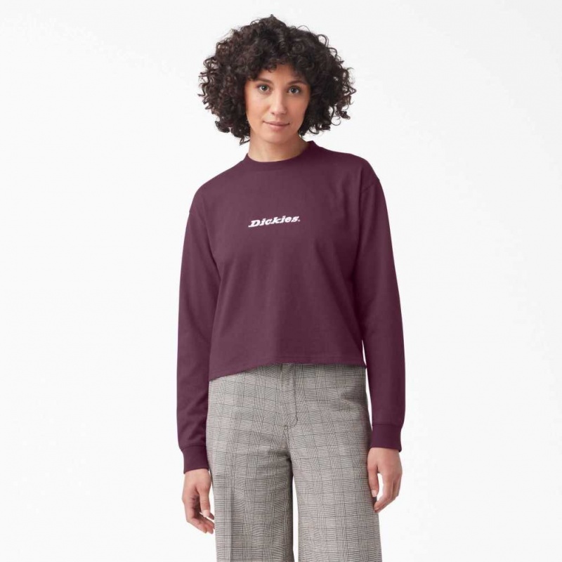 Dickies Cropped Long Sleeve Script Logo T-Shirt Grape Wine | CZ0002181