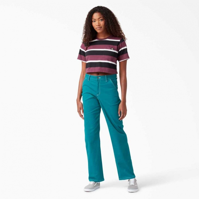 Dickies Cropped Pruhovaný T-Shirt Wine Collegiate Stripe | CZ0002194