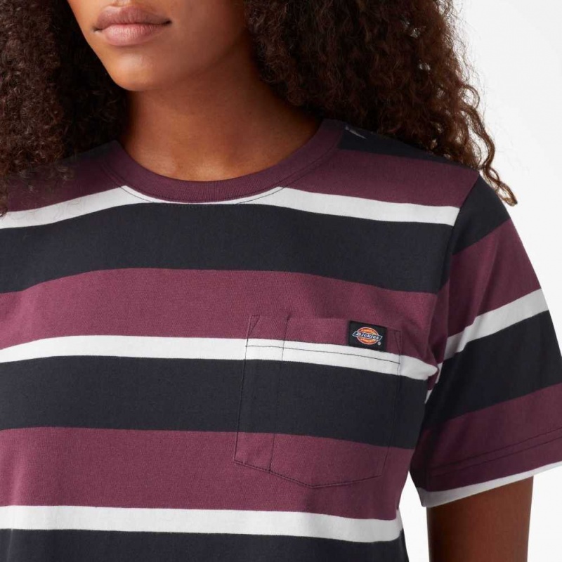 Dickies Cropped Pruhovaný T-Shirt Wine Collegiate Stripe | CZ0002194