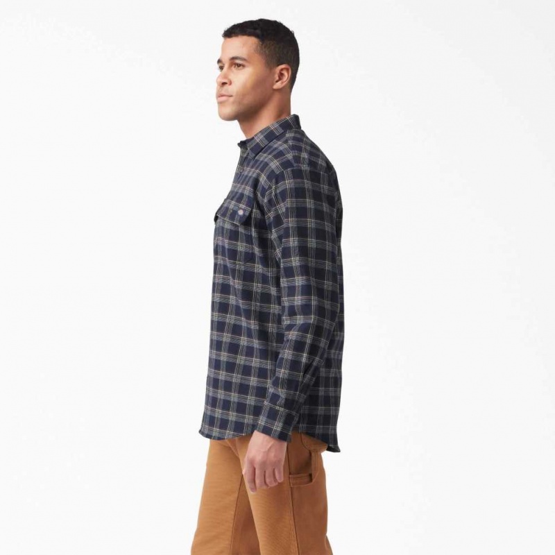 Dickies FLEX Long Sleeve Flannel Shirt Tmavě Blankyt Čokolády Hnědé | CZ0001244