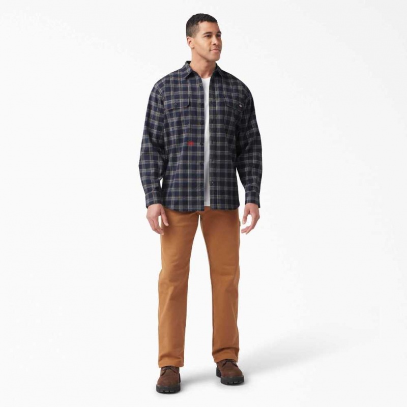 Dickies FLEX Long Sleeve Flannel Shirt Tmavě Blankyt Čokolády Hnědé | CZ0001244