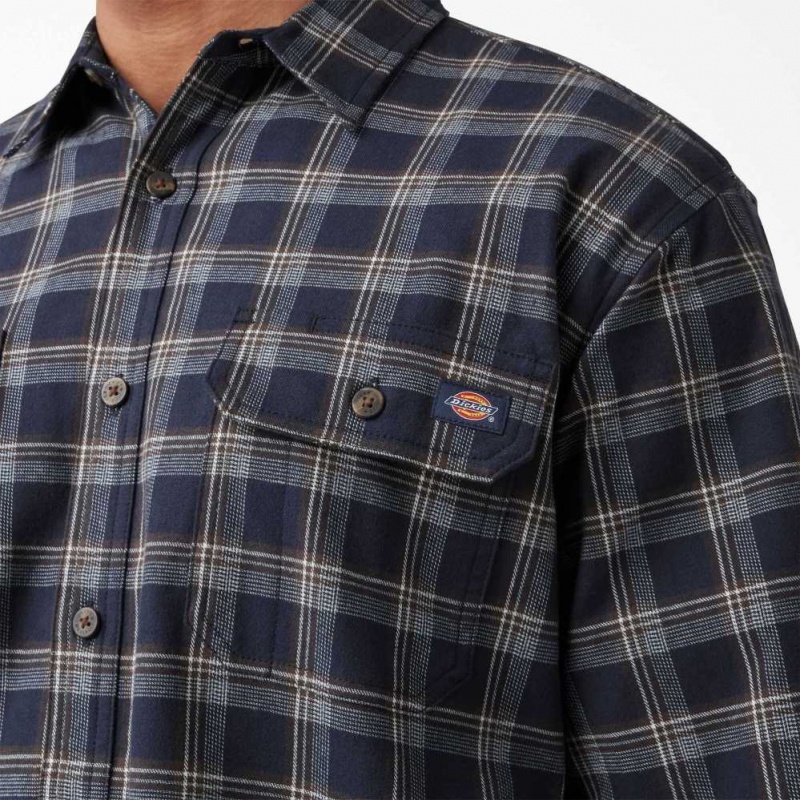 Dickies FLEX Long Sleeve Flannel Shirt Tmavě Blankyt Čokolády Hnědé | CZ0001244