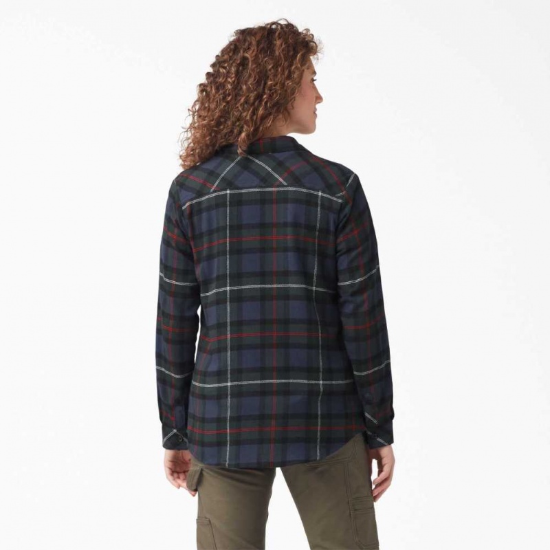 Dickies Plaid Flannel Long Sleeve Shirt Tmavě Blankyt | CZ0001249