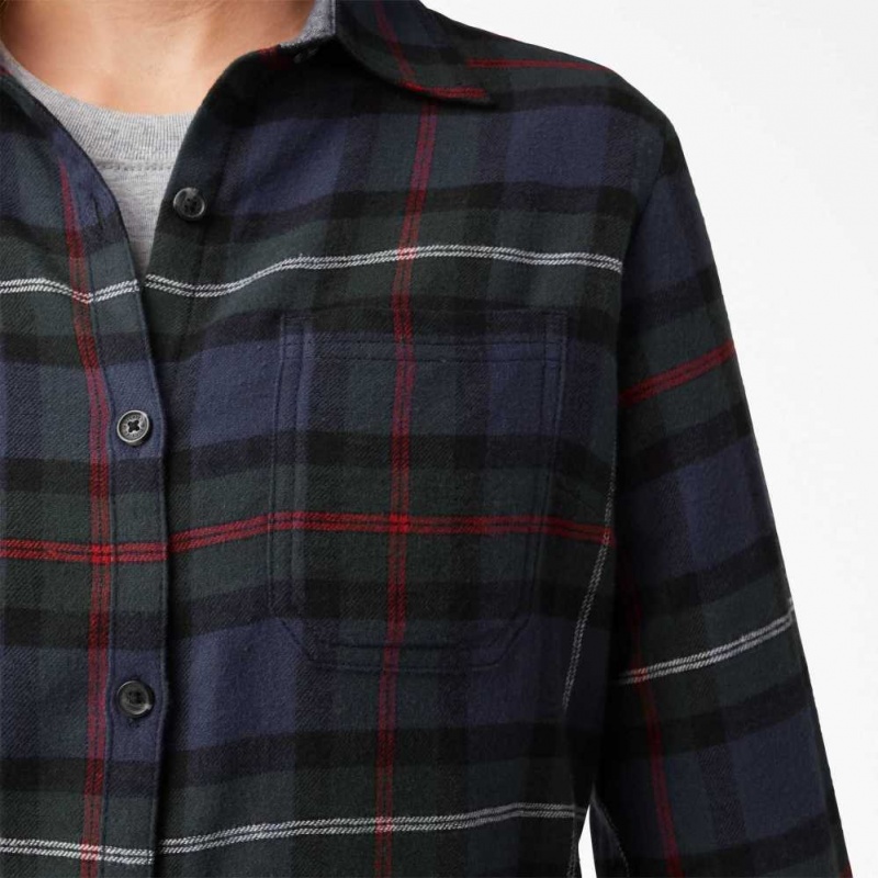 Dickies Plaid Flannel Long Sleeve Shirt Tmavě Blankyt | CZ0001249