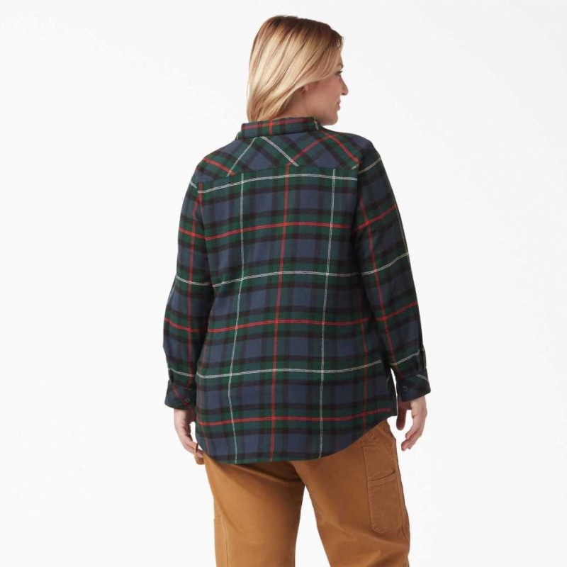 Dickies Plus Size Long Sleeve Plaid Flannel Shirt Tmavě Blankyt | CZ0001250