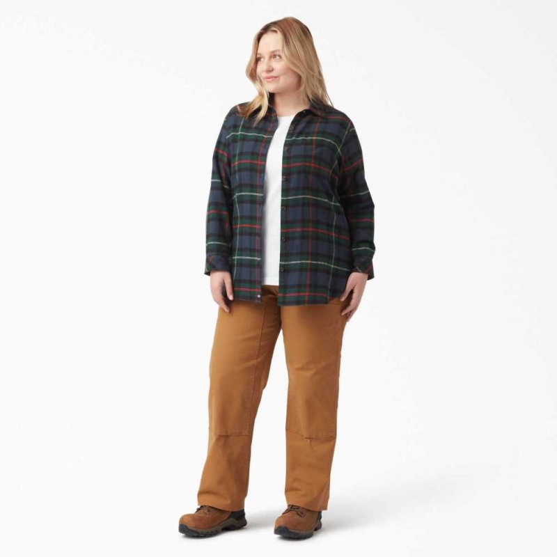 Dickies Plus Size Long Sleeve Plaid Flannel Shirt Tmavě Blankyt | CZ0001250