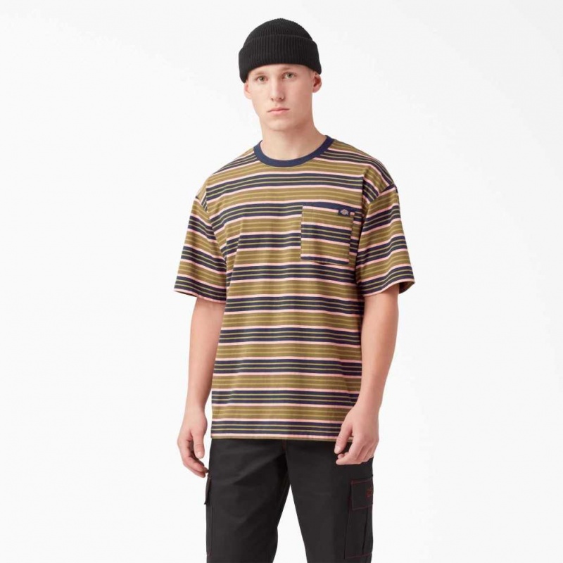 Dickies Relaxed Fit Pruhovaný Pocket T-Shirt Zelene | CZ0000793